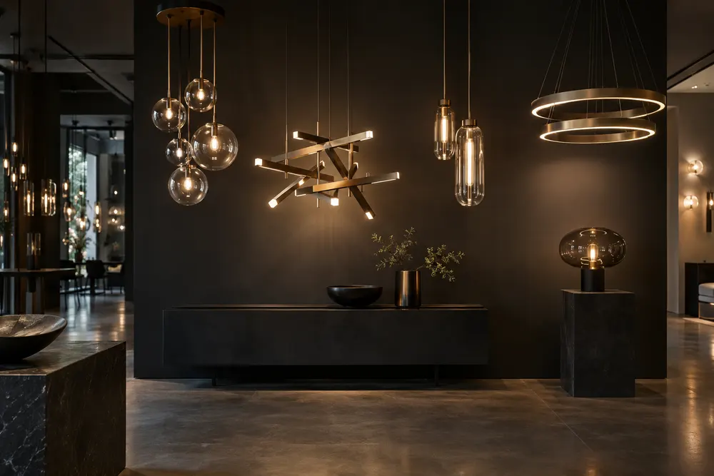 Showroom wall of pendant and chandelier light fixtures for new home lighting packages