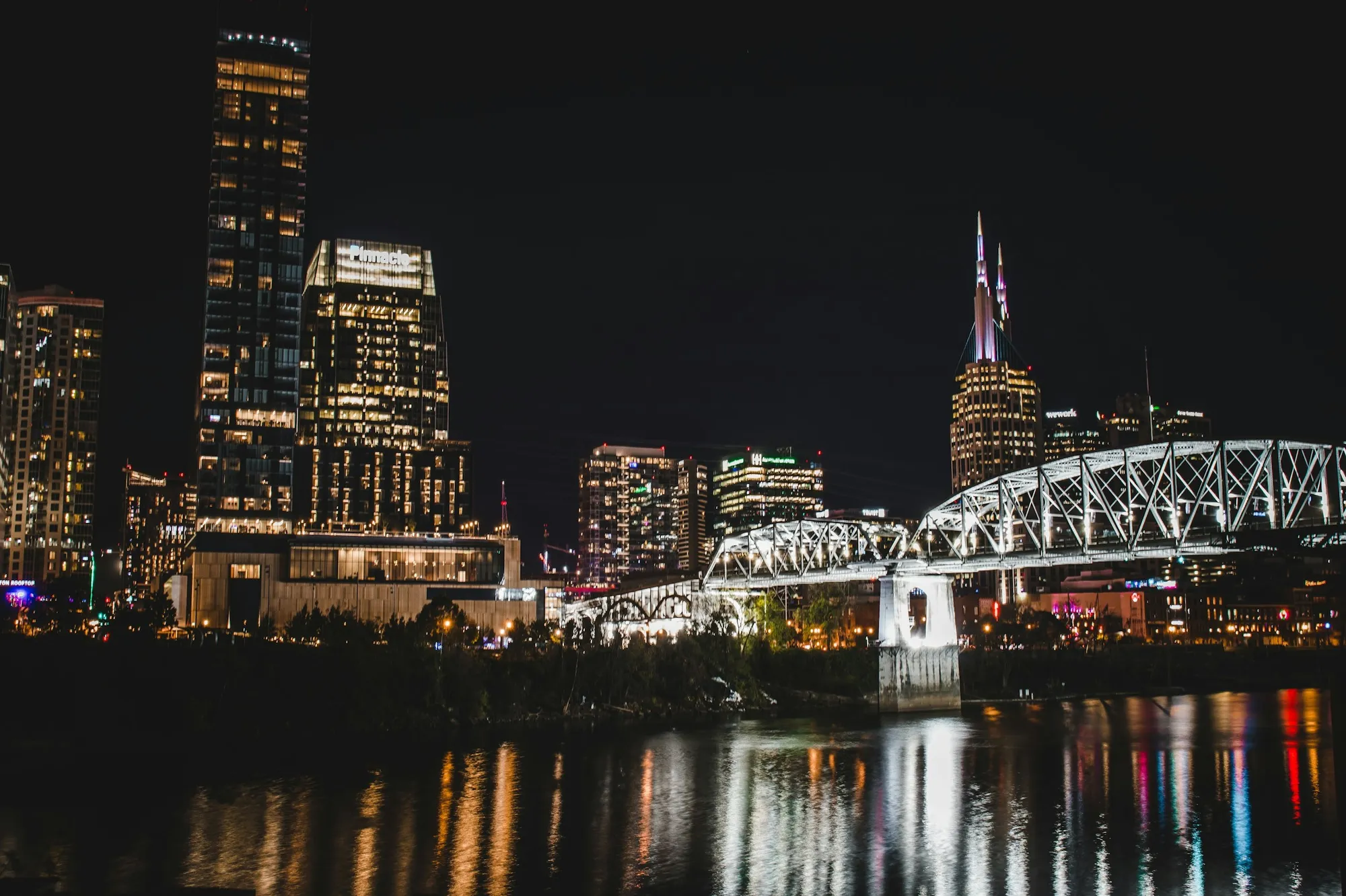 Nashville skyline along the Cumberland River at sunset