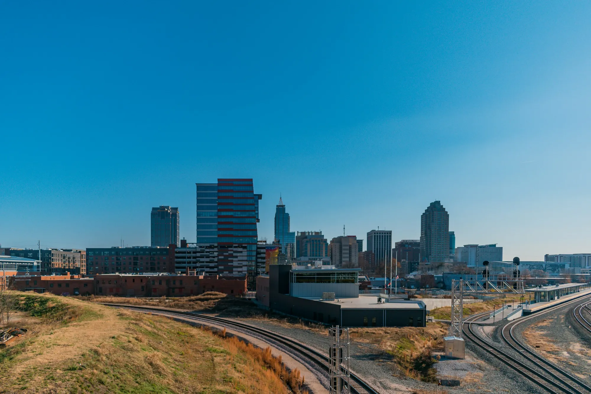 Downtown Raleigh skyline above a line of green trees