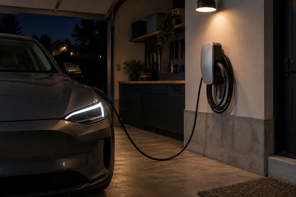 Wall-mounted Level 2 residential EV charging station in a new home garage