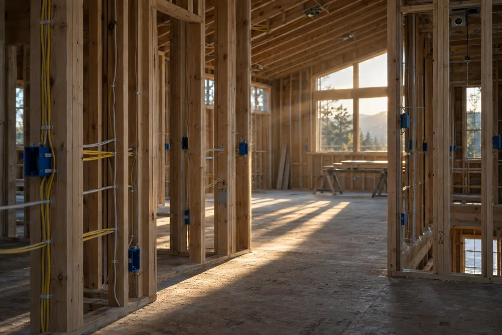 Single family home wiring at rough-in with blue boxes and cable runs through the studs
