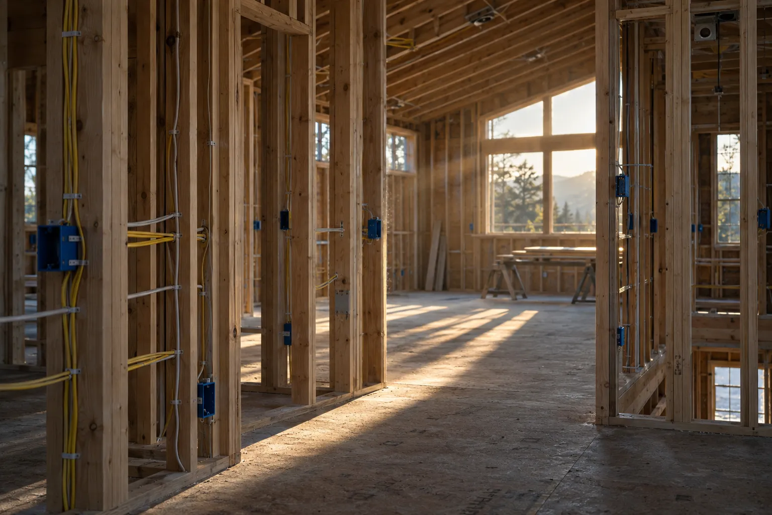 Single family home wiring at rough-in with blue boxes and cable runs through the studs