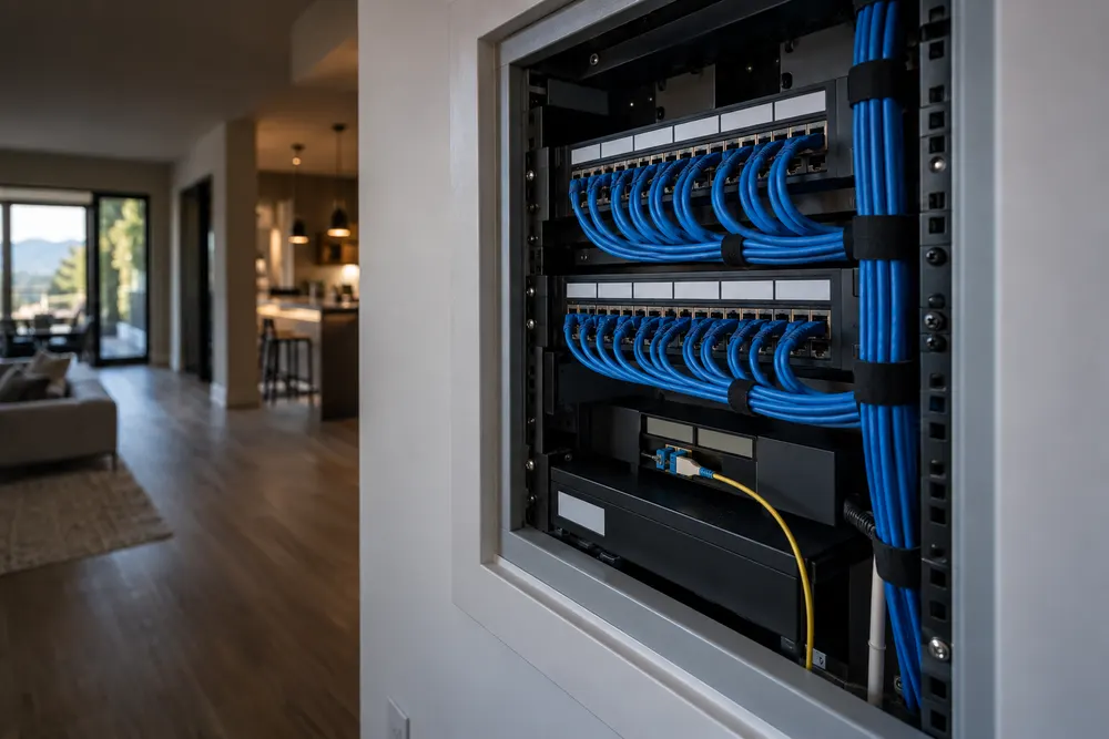 Structured wiring media panel with Cat6 and fiber optic cabling in a new home