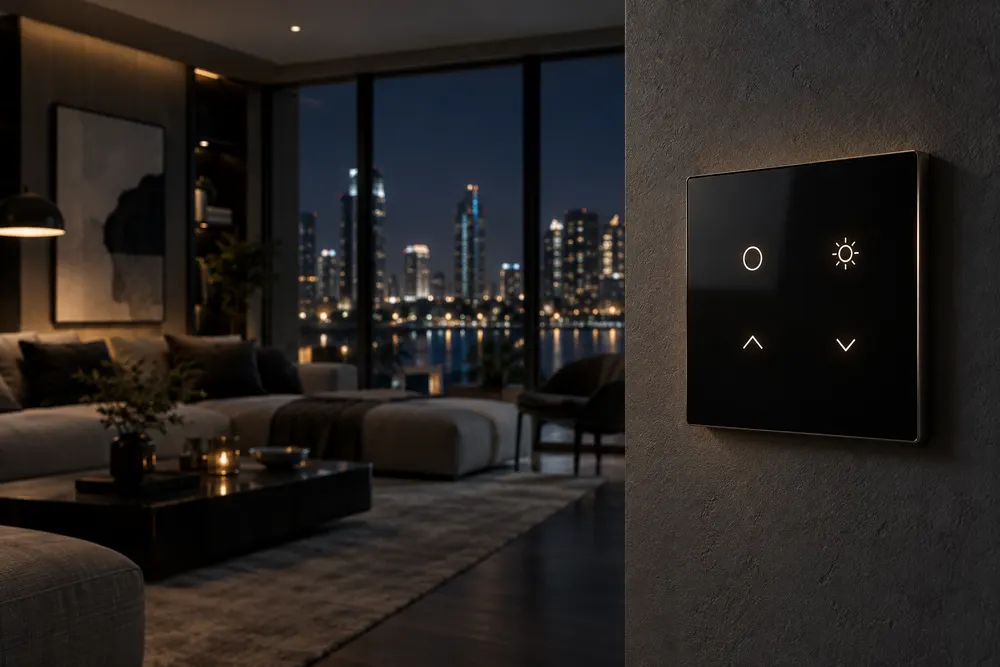 Whole house automation keypad controlling lighting scenes in a modern living room
