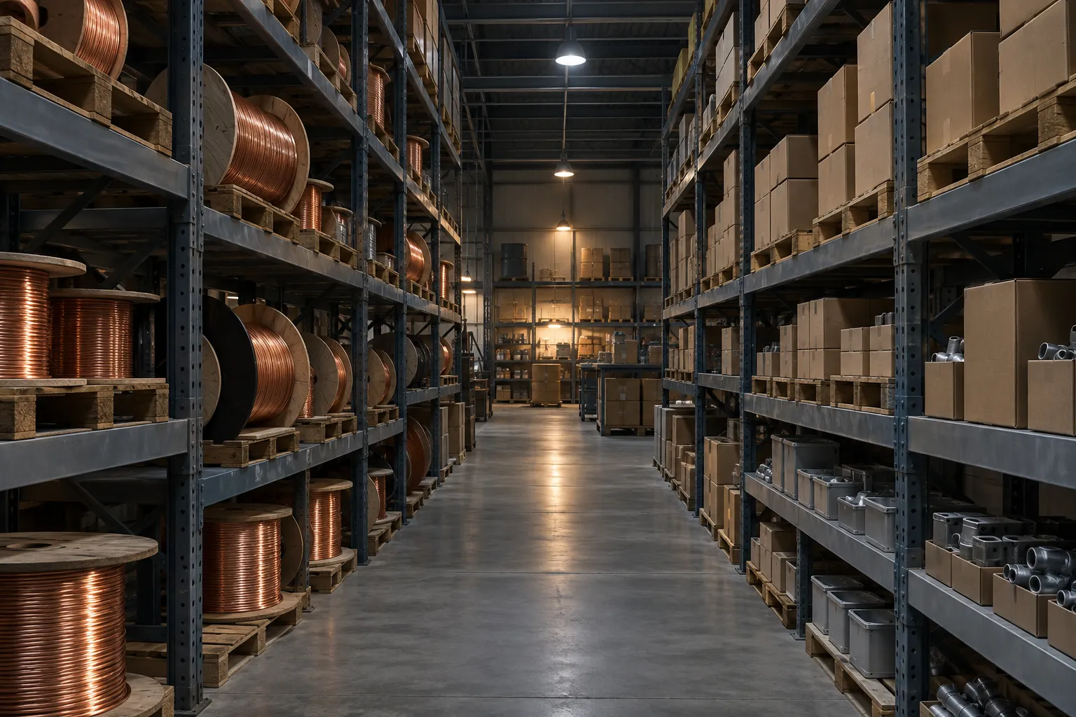 Electrical supply warehouse racking stacked with reels of copper building wire